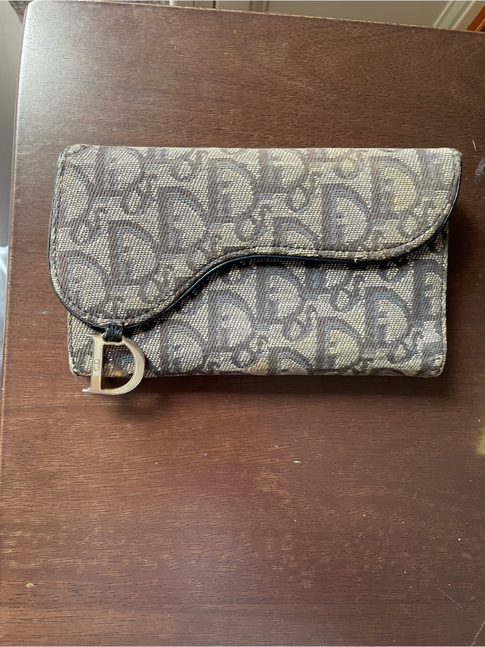 Dior Gray Monogram Canvas Wallet with Silver 'D' Charm